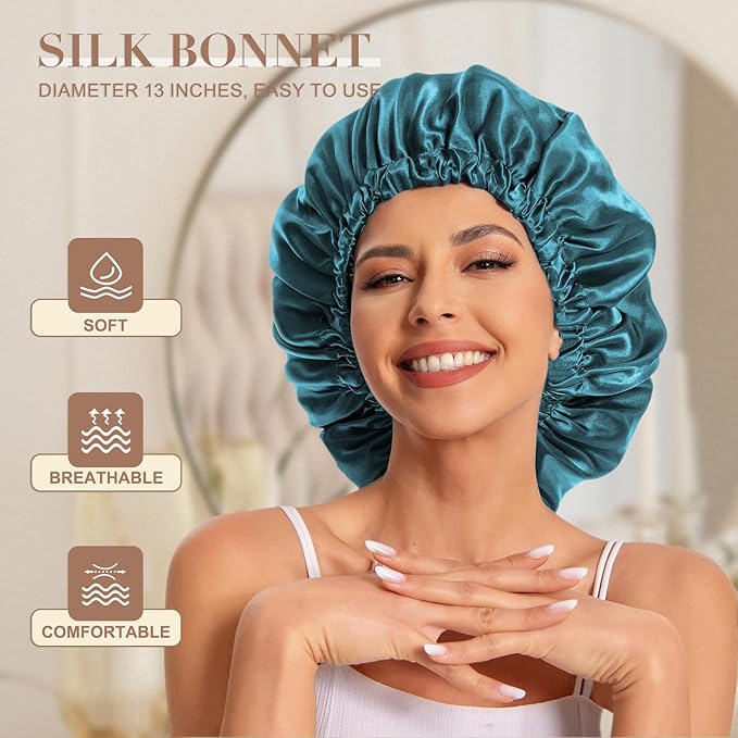 Satin Bonnet Silk Bonnet Hair Bonnet for Sleeping-Slouchy Beanie Hat Satin Sleep Cap for Women's Natural & Curly Hair(Blue Zircon&Blackish Green)