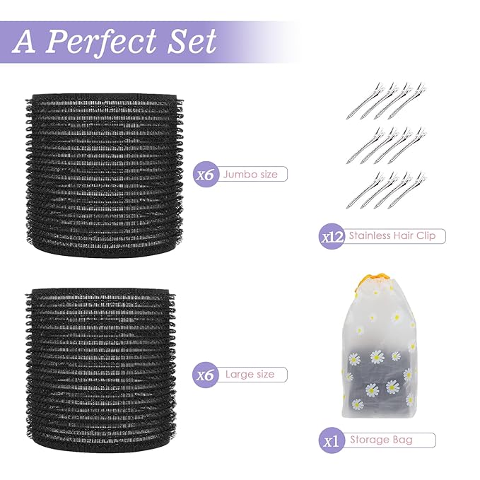 6Pcs 64mm Jumbo Hair Rollers & 6Pcs 55mm Large Hair Rollers, Large Rollers for Long Hair, Women with 12 Hair Clips, Storage Bag -Black