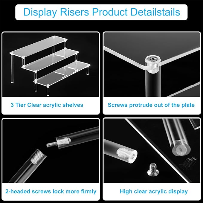 HENABLE Large Acrylic Display Risers, Perfume Stand Organizer, Clear Acrylic Shelf Risers for Display Stands for Food, Tabletop Use, Amiibo Funko POP Figure, 3 Tier Clear Cupcake Stand Risers