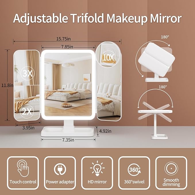 Makeup Mirror with Lights, Rechargeable Lighted Vanity Mirror with 70 Led Lights and 2X 3X 10X Magnification, 3 Color& Adjustable Brightness, Portable Mirror for Travel Desk, Gifts for Women Girls