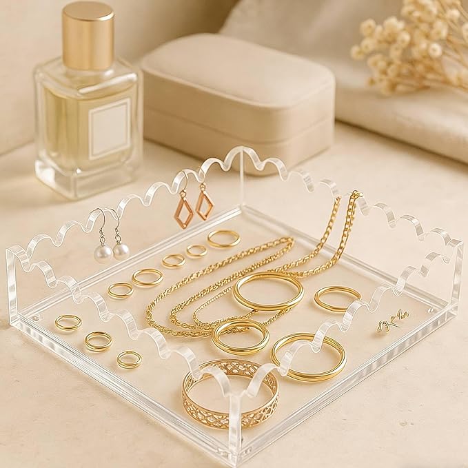 Acrylic Tray with Ultra-Strong Magnetic Mat- 7.9×7.9 Customizable Serving & Display Tray, Clear Scalloped Vanity Jewelry Organizer, Picture Frame Bathroom Tray Decor, Unique Gift for Women Girls
