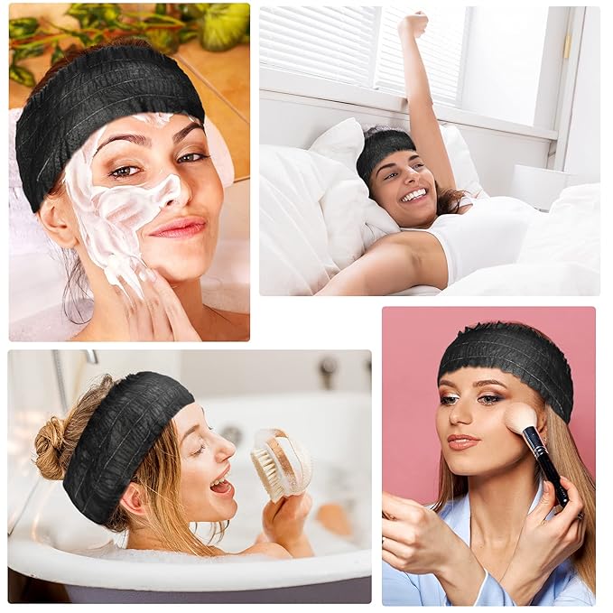 Waydress 100 Pieces Disposable Headbands Soft Non Woven Facial Spa Headbands Cloth Stretch Skin Care Hair Band Salon Makeup Sauna Supplies Individually Packaged for Women Girls, Black