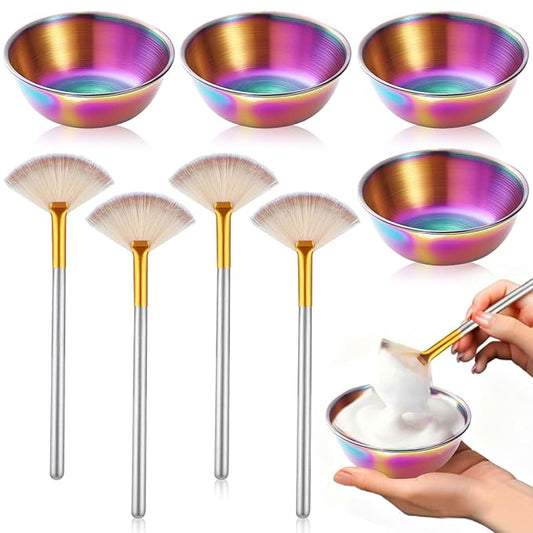 8 Pcs Rainbow Esthetician Supplies 4 Facial Fan Brushes Esthetician 4 Rainbow Stainless Steel Mixing Bowls Face Mask Brush Facial Bowls Esthetician for Mud Cream Makeup Spa Salon Women