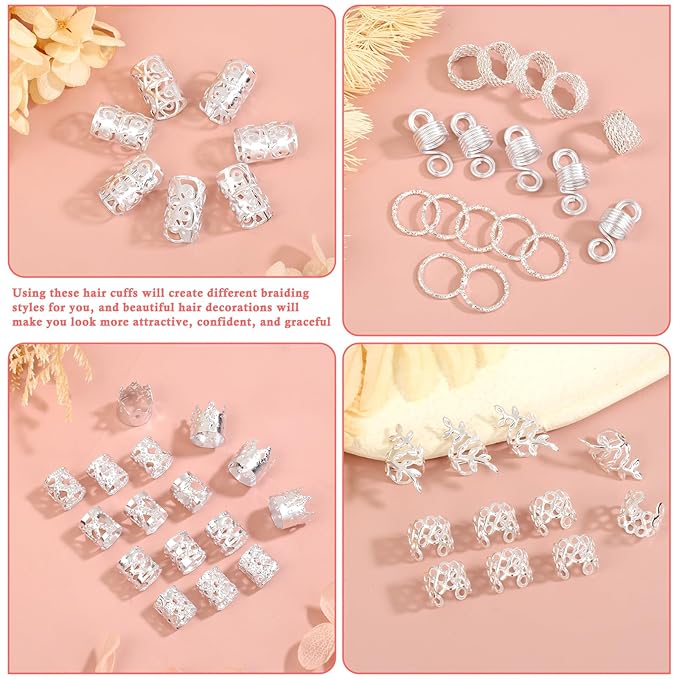 Lucomb 220 Pcs Silver Hair Jewelry for Braids, Loc Jewelry for Hairs Dreadlock, Hairs Charms for Women, Metal Braid Rings Cuffs Clips for Dreadlock Accessories Hair Braids Accessories Decorations
