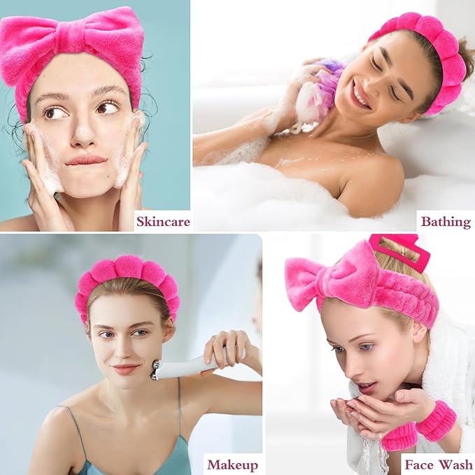 Canitor Spa Headband Wrist Bands Set with Hair Clips Skincare Skin Care Makeup for Washing Face Hot Pink Gifts for Women Preppy Tween Teen Girl Cute Trendy Stuff