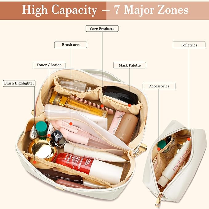 Birthday Gifts for Women Teen Girl, Personalized Initial Makeup Organizer Bag Set, Open Flat Travel Cosmetic Bag With Clear Divider and Handle(Beige,L)