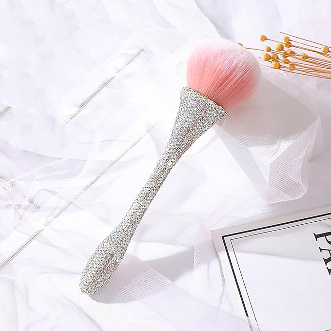 WOKOTO 1pcs White Shiny Rhinestone Nail Art Dust Brushes For Acrylic Nails Powder Remover Brushes Loose Face Cosmetics Blending Liquid Foundation Powder Make Up Brushes Nail Trimming Cleaning Tools