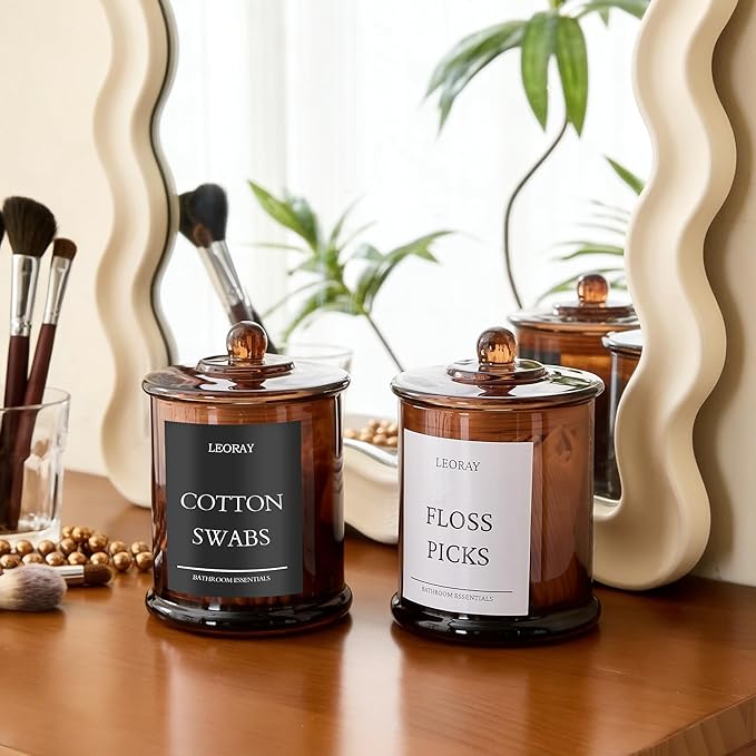 2 Pack Glass Qtip Holder Dispenser with Lids, Airtight Waterproof, 16 Oz Vanity Organizer Bathroom Canisters for Cotton Swabs, Balls, Pads, Floss Picks, Restroom Kitchen Storage Jars, Amber
