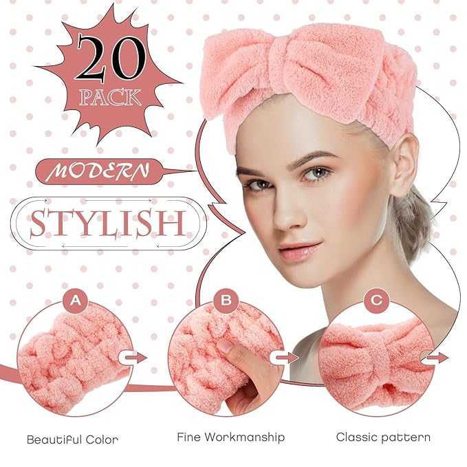 Yunlly 20 Pcs Spa Headband for Women 4 Inches Width Facial Makeup Hair Band Bulk Skincare Headbands for Washing Face Bowtie Slumber Party Supplies Fluffy Head Wraps(Pink)