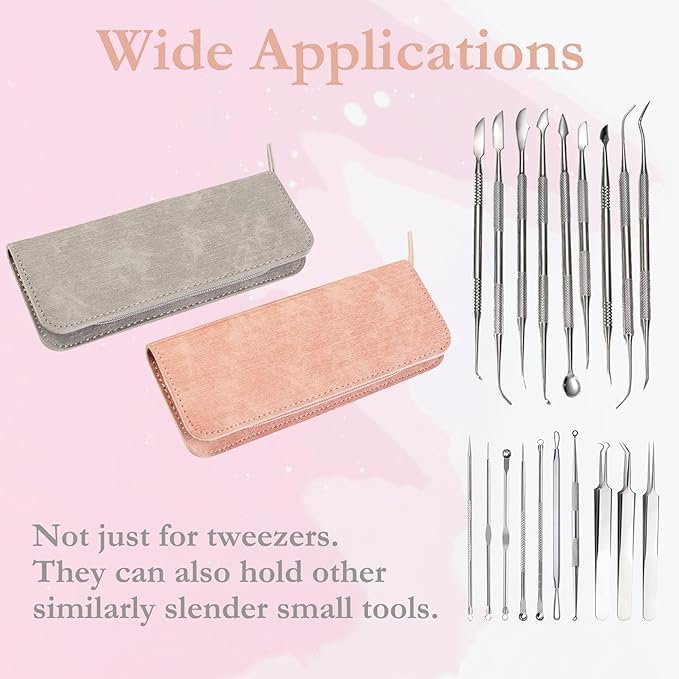 Lash Tweezers Organizer, Eyelash Extension Tweezers Bag, Soft PU 5 Positions Portable Dustproof, Individual Zipper Storage Case Box for Tweezers, Makeup Brush, Slender Small Tools(Pink)