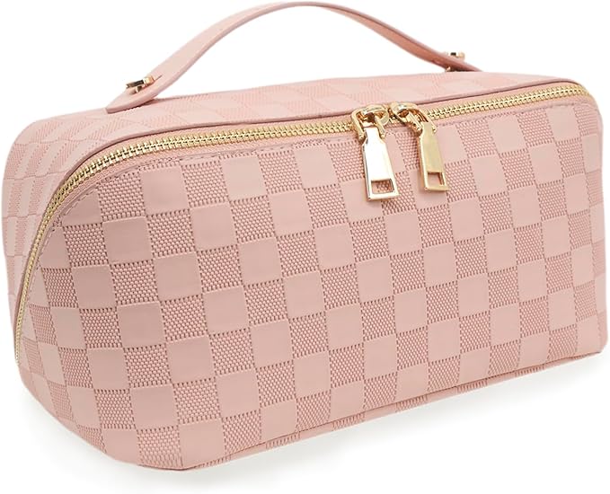 JINYIBAGS Travel Makeup Bag – Large Cosmetic Organizer with Waterproof PU Leather, Smooth Double Zipper & Tear-Resistant Lining, Toiletry Pouch for Women (Pink)