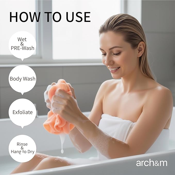 ARCH&M Exfoliating Washcloth (3 Pack), Japanese Body Scrubber for Shower, Long Nylon Towel for Back, Korean Exfoliation for Glowing Skin (Gray Black Off-White)