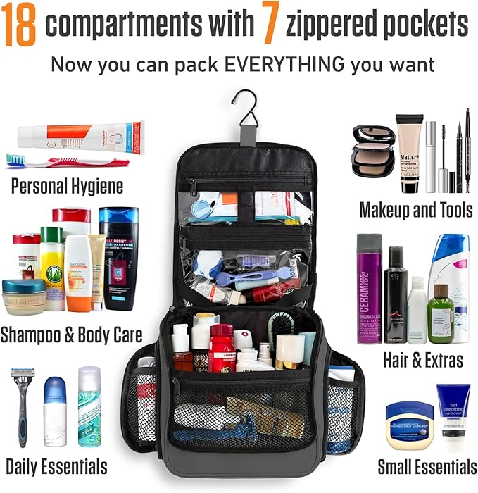 VENTURE 4TH Hanging Travel Toiletry Bag for Women & Men – Large Toiletry Organizer with 18 Compartments, Removable TSA Pouch, Travel Wash Bag for Toiletries, Makeup & Shaving Kit (Gray)