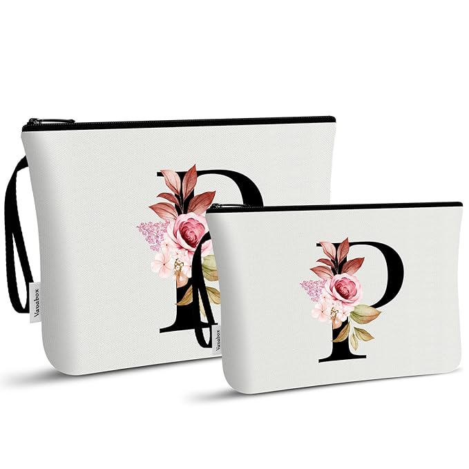 Vavabox A-Z Personalized Makeup Bag, Birthday Gifts for Women Mom, Gifts for Best Friend, Bride Bridesmaid Cosmetic bag (P, 03-White Set)