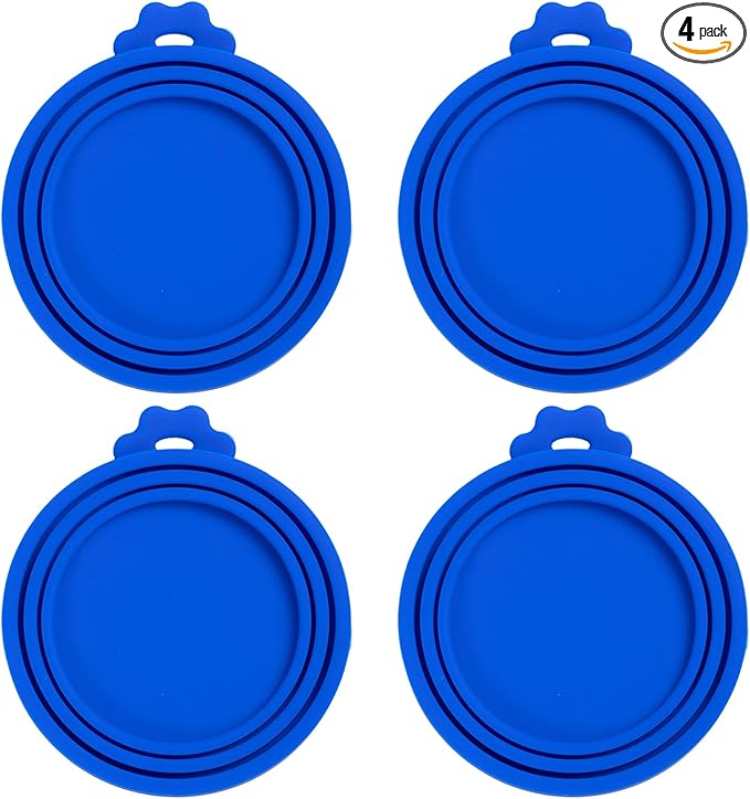 PINE & LINEN 4 Pcs Durable Pet Can Lids,One fit 3 Standard Size Silicone Waterproof Cat Food Cans Lids for 3oz/5.5oz/12.5oz/13.2oz Cat Food Cans（Blue）