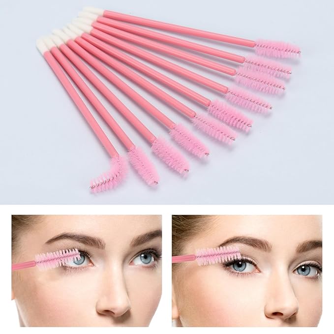 300 Pcs Disposable Mascara Wands Dual Ended Eyelash Brush Lip Brush, Lipstick Applicator Eyebrow Spoolies for Eyelash Extensions, Portable Makeup Brush for Eyebrow, Lip - Pink