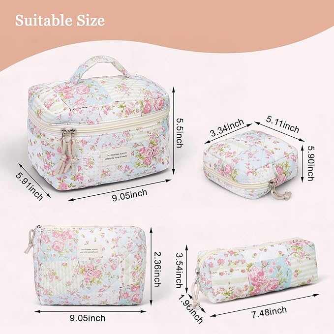 VIWIME Makeup Cosmetic Bag, Large Cotton Quilted Travel Coquette Aesthetic Cute Floral Make up Bag for Women Toiletry Bag Organizer (304-PinkPuzzle)