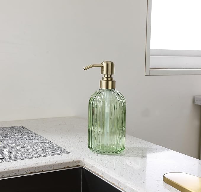 16Oz Green Glass Soap Dispenser with Rust Proof Stainless Steel Pump, Green Stripe Bathroom Hand Dish Lotion Dispensers with Brushed Gold Pump,Brushed Gold Glass Soap Dispenser,2 Packs
