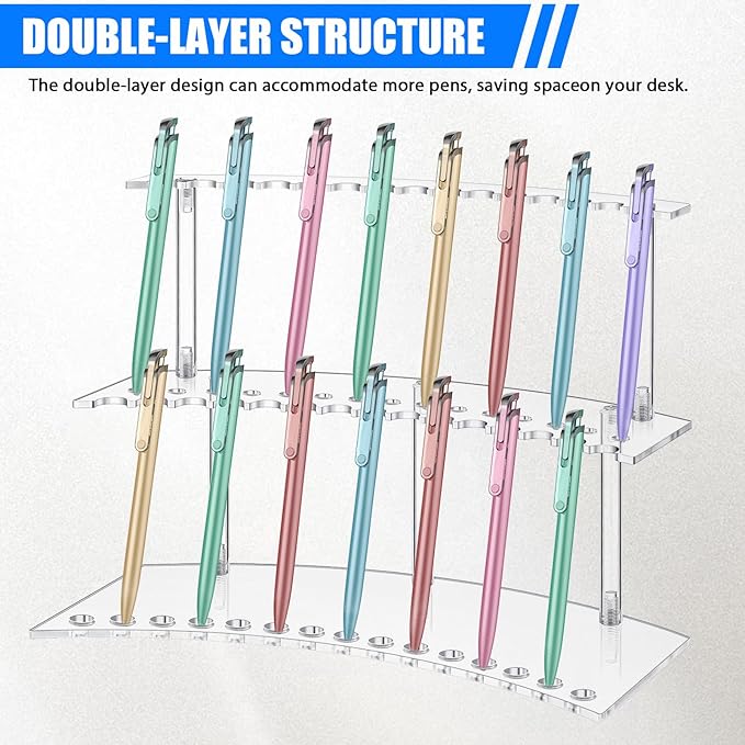 Zourane Acrylic Pen Display Stand, 2-Tier 30 Slot 1.3cm Wide Pen Holder Organizer for Fountain Pens, Makeup Brushes, Art Supplies | for Office, Home, Classroom, Craft Fairs