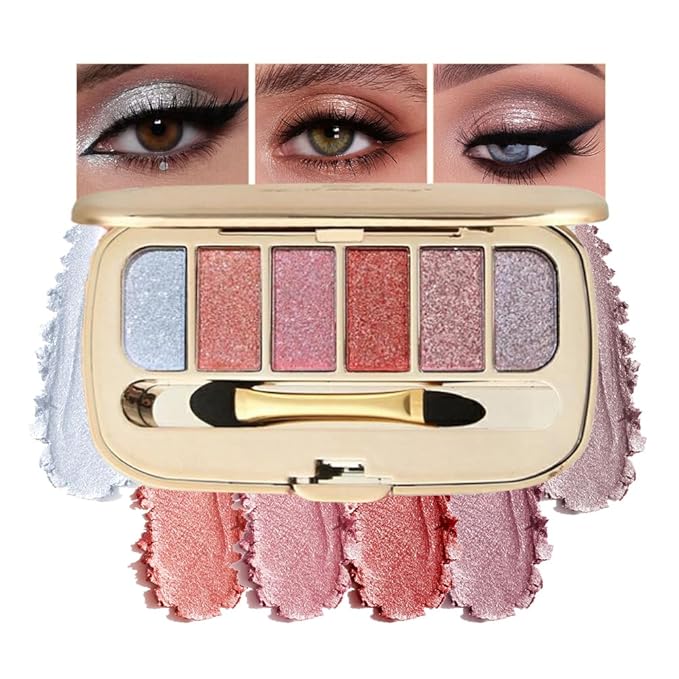 6-Color Glitter Eyeshadow Palette – High Pigment Shimmer Metallic Eye Shadow Kit, Long-Lasting Blendable Sparkle Shades for Daily Makeup, Party Glam, Festival & Creative Eye Looks 05#