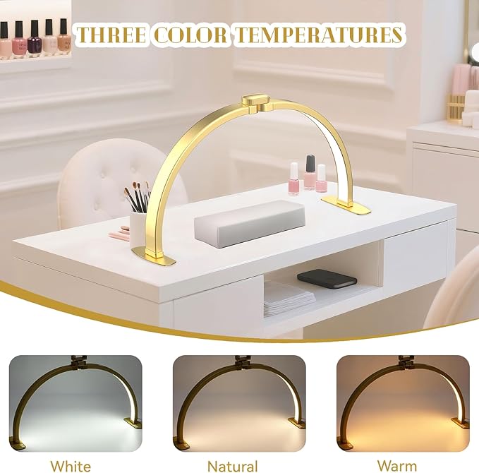 Foldable Large Half Moon LED Light for Table Nail Desk with Phone Stand, Upgrade Arch Light for Nail Techs with Wire Controller for Manicure Tattoo Beauty (Gold, Large)