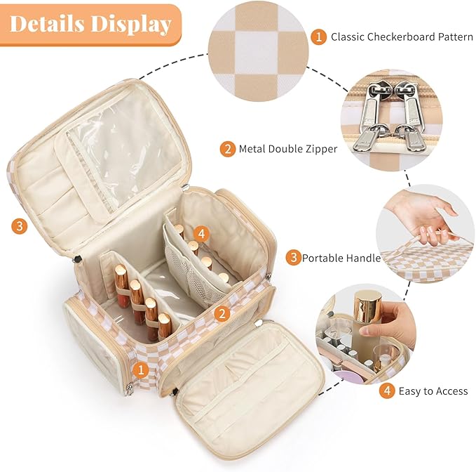 Large Makeup Bag, Portable Travel Makeup Bag Organizer for Women Girls with Makeup Brush Compartment & Two Side Pockets, Cosmetic Travel Bag Vertical Storage Toiletry- Checkerboard