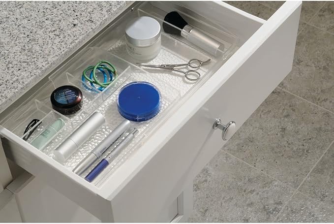 mDesign Expandable Makeup Organizer for Bathroom Drawers, Vanities, Countertops: Organize Makeup Brushes, Eyeshadow Palettes, Lipstick, Lip Gloss, Blush, Concealer - Adjustable Width - Clear