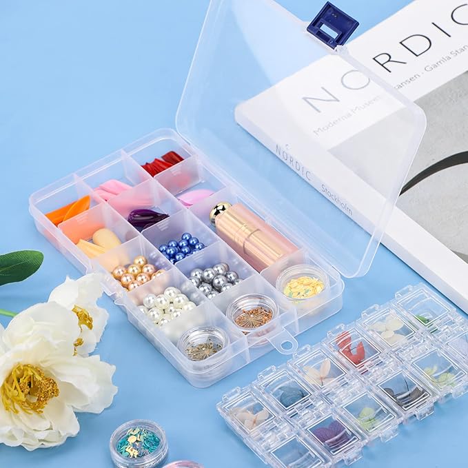 Rhinestone Organizer for Nails, 4PCS Cosics 15-Grid Clear Plastic Acrylic Nail Organizers & Storage Case with Movable Dividers, Empty Jewelry Nail Art Storage Containers Holder, Beading Box with Lids