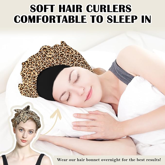 ZILAMPU No Heat Hair Curlers to Sleep In - 70" Soft Overnight Headband Wrap for Women Long Wave Curls, 9 PCS Rollers Gifts Set - Leopard Print