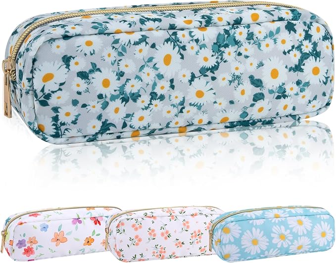 Nylon Floral Small Makeup Bag Slim Pouch, Cute Preppy Makeup Brush Bag Portable Make up Pouch with Zipper, Waterproof Travel Toiletry Bag Coin Purse Storage Organizer for Women Girls(Green Daisy)