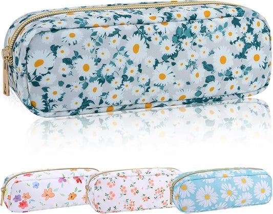 Nylon Floral Small Makeup Bag Slim Pouch, Cute Preppy Makeup Brush Bag Portable Make up Pouch with Zipper, Waterproof Travel Toiletry Bag Coin Purse Storage Organizer for Women Girls(Green Daisy)