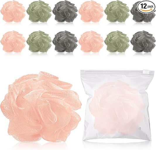 12 Pcs Travel Size Loofah Individually Wrapped, Small Shower Puff Bath Sponge Pouf Ball Bulk Mesh Bath Puff Mini Loofah Sponge with Case Bulk for Shower Care (25g,Morandi Color)