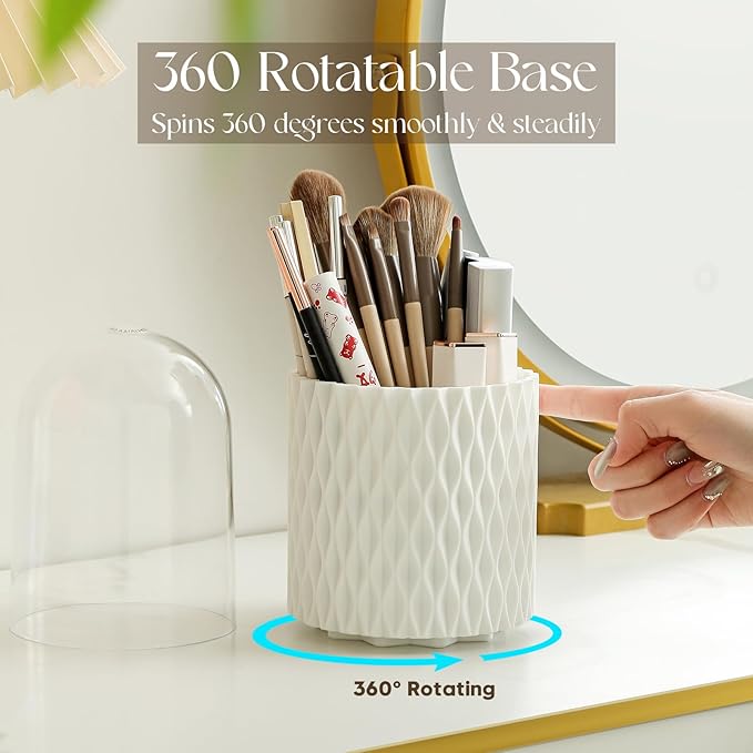 Makeup Brush Holder Organizer - 360° Rotating Makeup Brush Organizer 5 Slot Make up Brushes Cup for Cosmetics, Lipsticks, Art Supply, Bathroom Vanity Desktop Storage, White with Cover