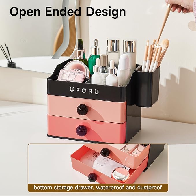 Makeup Organizer for Vanity with Brush Holder, Countertop Skincare Organizer with 2 Drawers, Spacious Cosmetic Display Case for Perfumes, Eyeshadow Palettes, Nail Polishes