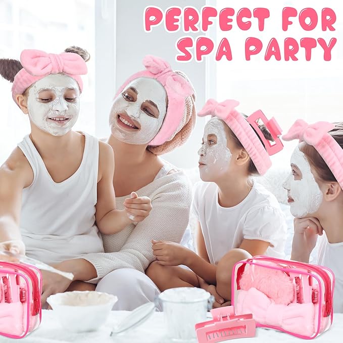 Hoteam 24 Pcs Galentine Spa Party Favors Supplies 6 Spa Headband 6 Plush Sleep Eye Mask 6 Hair Claw Clips 6 Clear Cosmetic Bags for Adult Sleepover Slumber Party Valentine Gift(Pink)