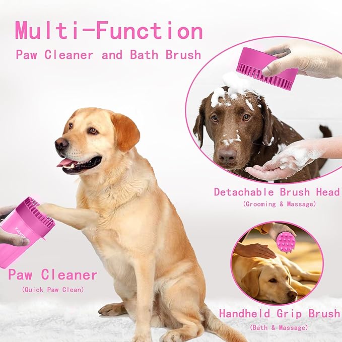 Dog Paw Cleaner Kit for Medium & Small Dogs - Quick Clean No Full Bath, 2-in-1 Paw Wash Cup with Detachable Silicone Brush Head, Includes Bath Brush & 3 Absorbent Towels, Pink