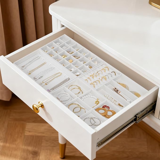 Cirhy 4 Stackable Jewelry Organizer Trays for Drawer, White Velvet Jewelry Drawer Inserts for Necklaces Rings Earrings & Bracelets, Elegant Jewelry Storage Tray & Display Case, Gift for Women