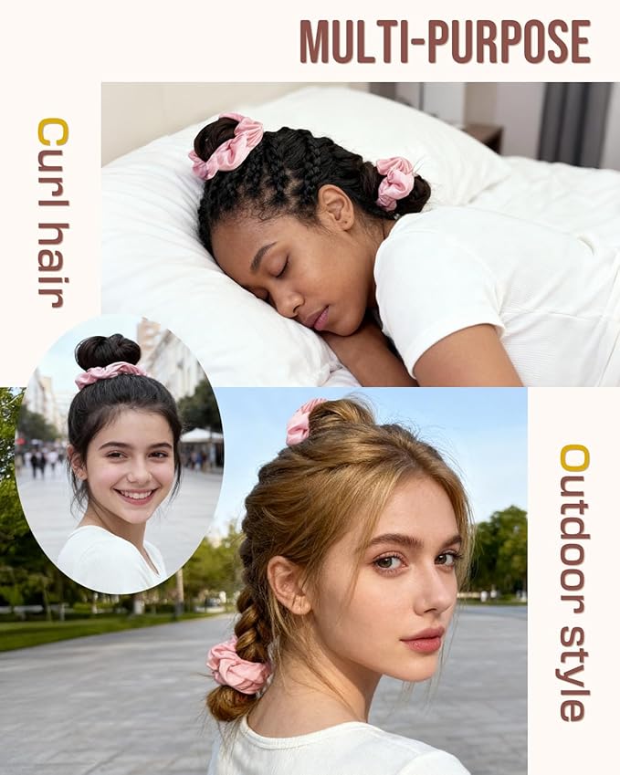 BONNET QUEEN Multi-function Satin Heatless Hair Curler & Hair Tie Non-Heating Hair Roller Curling Rod with Scrunchie, Large, Cream Pink(For Big Curls)