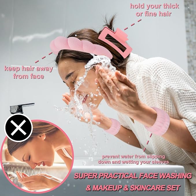 Canitor Spa Headband Wrist Bands Set with Hair Clips Skincare for Washing Face Skin Care Makeup Preppy Tween Teen Girl Gifts Cute Trendy Stuff Hair Accessories for Women (pink)