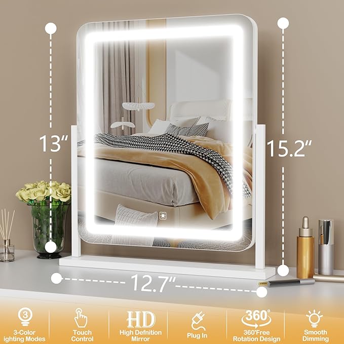 Vanity Mirror with Lights, 17.3’’ LED Makeup Mirror Detachable 10X Magnification, Smart Touch Control, 3 Color Lighting Modes,360°Rotation Tabletop Make Up Mirror for Bedroom Bathroom