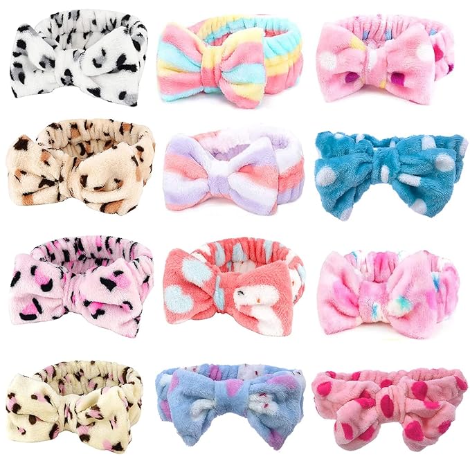 12pcs Spa Headband Soft Bowknot Spa Hair Band Coral Fleece Headband Makeup Headbands for Face Washing Skin Care Shower Yoga Headwraps for Women Girls (Pattern I)