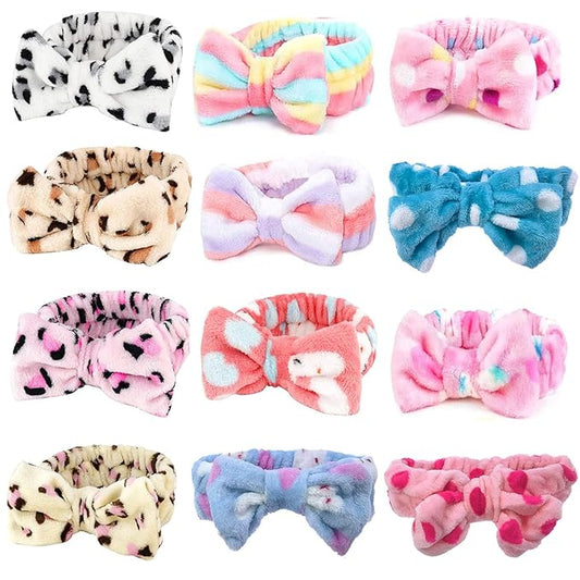 12pcs Spa Headband Soft Bowknot Spa Hair Band Coral Fleece Headband Makeup Headbands for Face Washing Skin Care Shower Yoga Headwraps for Women Girls (Pattern I)