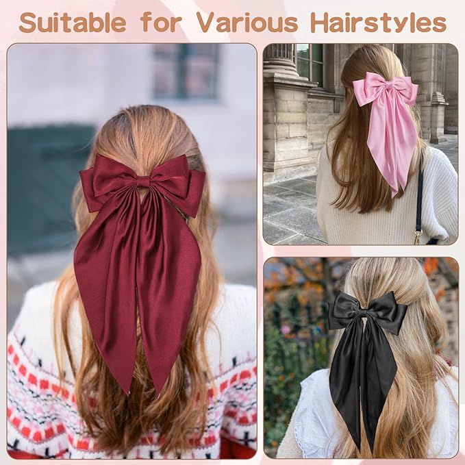 6 PCS Hair Bows for Women, Big Bow Hair Clips for Girls, Silky Satin Hair Bows Clips Oversized Long Tail, Large Cute Aesthetic Hair Accessories, Metal Bow Hair Clips Holiday Gifts Dark Red