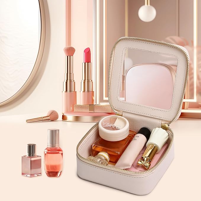 Pinkmik Small Makeup Bag Mini Clear Cosmetic Makeup Case & Toiletry Bag with Zipper Women's Purse Organizer & Car Essentials (Beige, MINI)