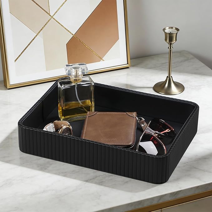 2 Pack Nightstand Organizer Tray, Decorative Perfume Valet Tray Trinket Dish Catch All Purse Key Bowl, PU Leather Coffee Table Trays for Vanity Dresser Bedside Bathroom Countertop (Black)