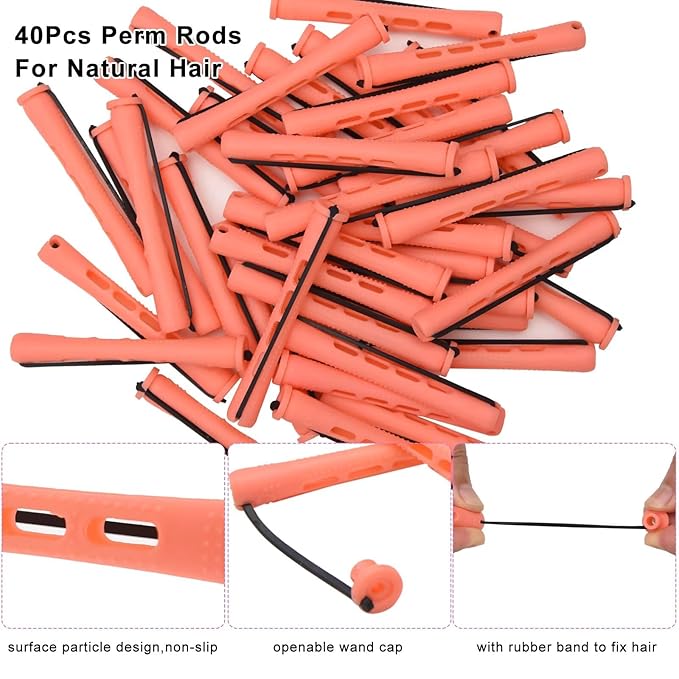 40 Pieces Hair Perm Rods For Long Short Hair Plastic Pink Perm Rods For Black Women Non-slip Hair Roller with Elastic Rubber Hairdressing Styling