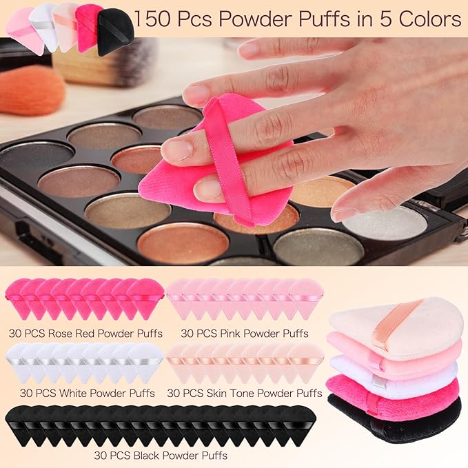 150Pcs Triangle Powder Puffs Soft Velour Makeup Puffs for Loose Powder Wet and Dry Use Cosmetic Foundation Tools (5 Colors)