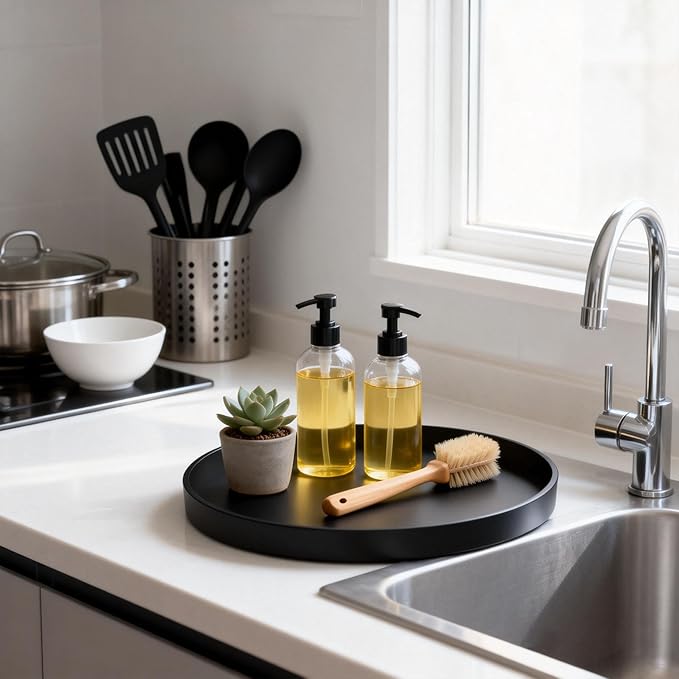 2 Pack 9" Bathroom and Vanity Tray, ABS Bathroom Counter Organizer， Coffee Table Decor for Perfume, Candles, Keys &More. Kitchen Countertop Organizer, Decorative Tray Soap Holder, Black