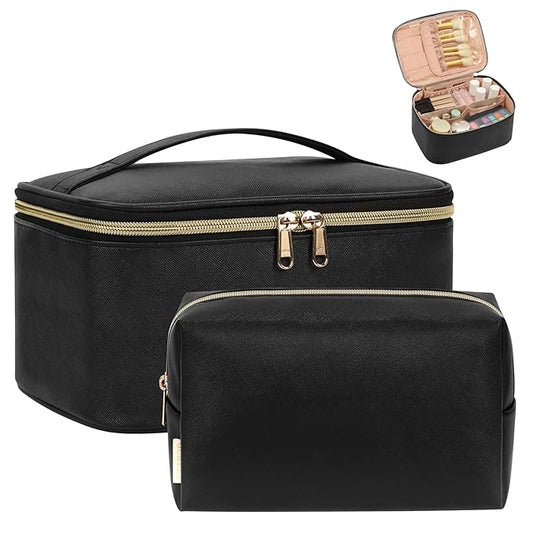 OCHEAL Makeup Bag Set, Portable Travel Makeup Bags Cosmetic Organizer Bag for Women Cute Floral Cosmetic Pouch Large Capacity Make up Bag PU Leather Toiletry Bags with Divider and Handle-Black