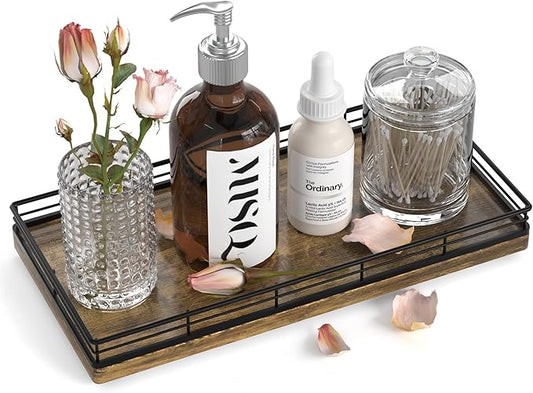 Bathroom Vanity Tray – 12" x 6" Decorative Wooden Tray for Toilet Tank Organizer Wood Tray for Bathroom Countertop, Soap, Perfume & Accessories Storage Vanity Dresser Decor Black & Rustic Brown
